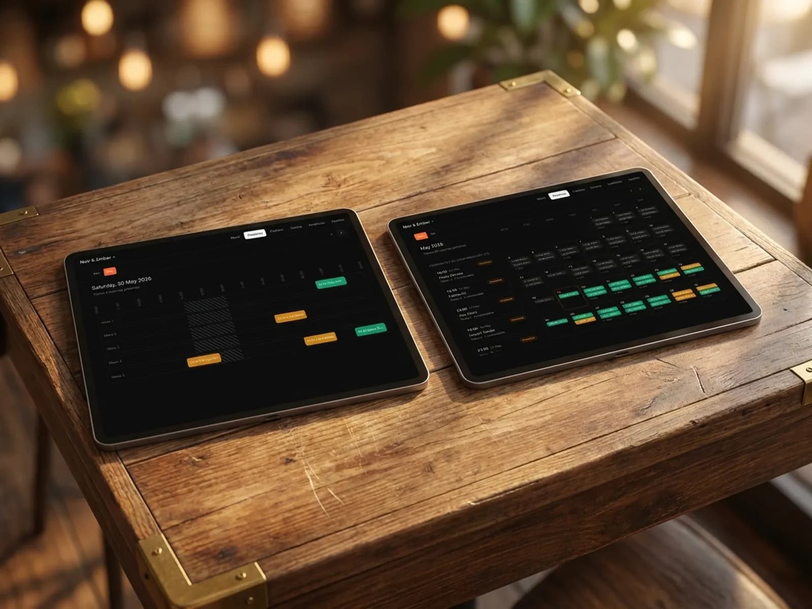 Two tablets on a table showing the booking calendar: daily timeline by table and monthly view