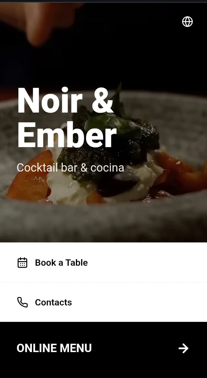 Phone with a restaurant website homepage: photos, reservations and access to the online menu