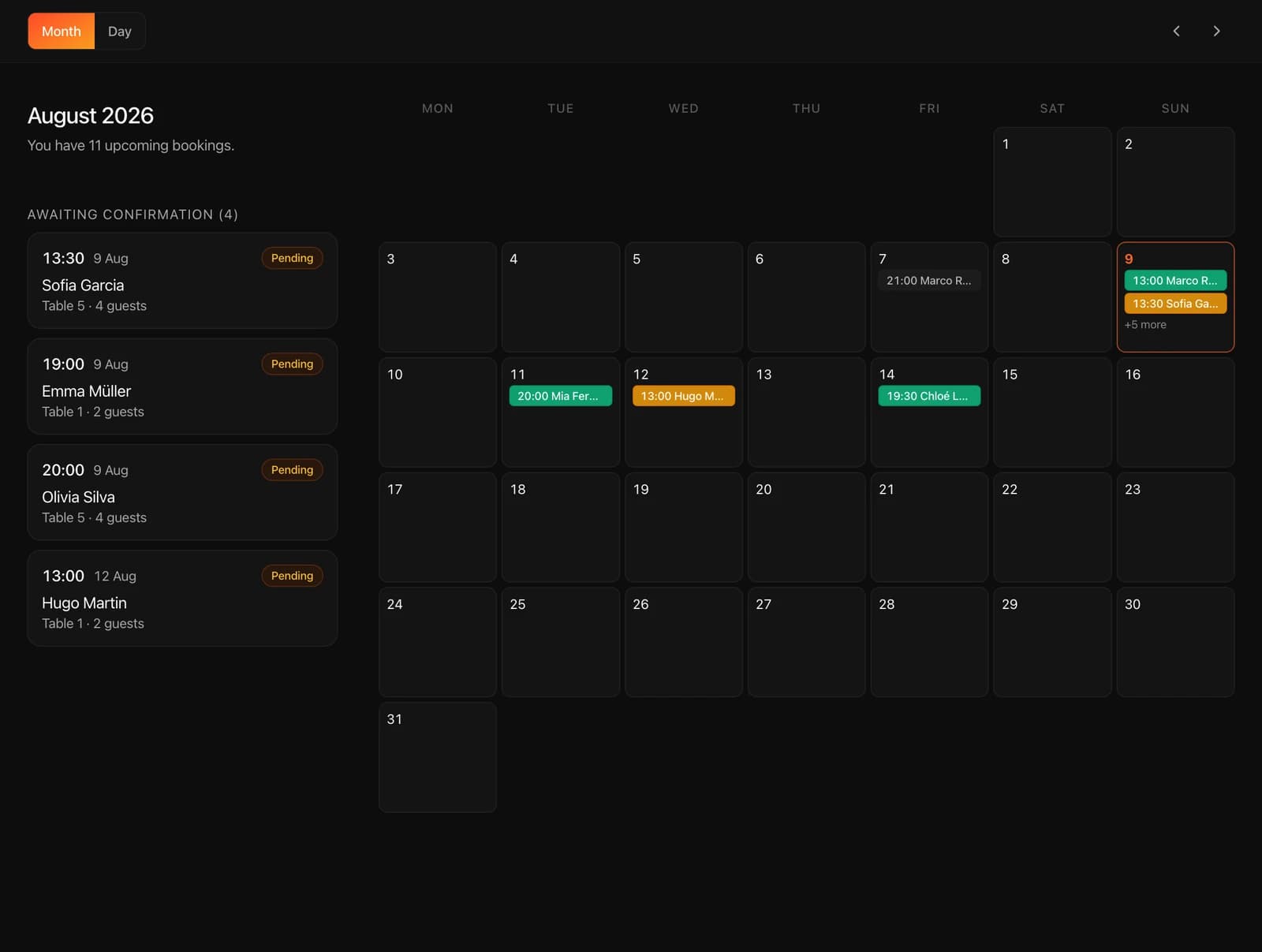 Tablet with a reservation calendar: month view and a list of bookings awaiting confirmation