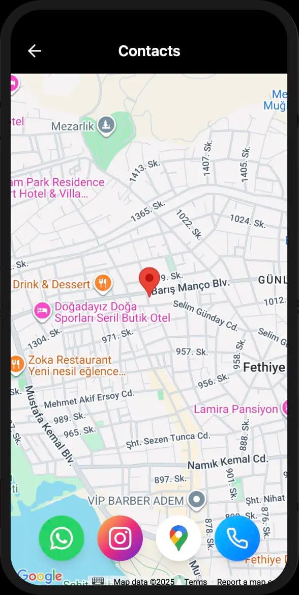 Restaurant contact page with map and info
