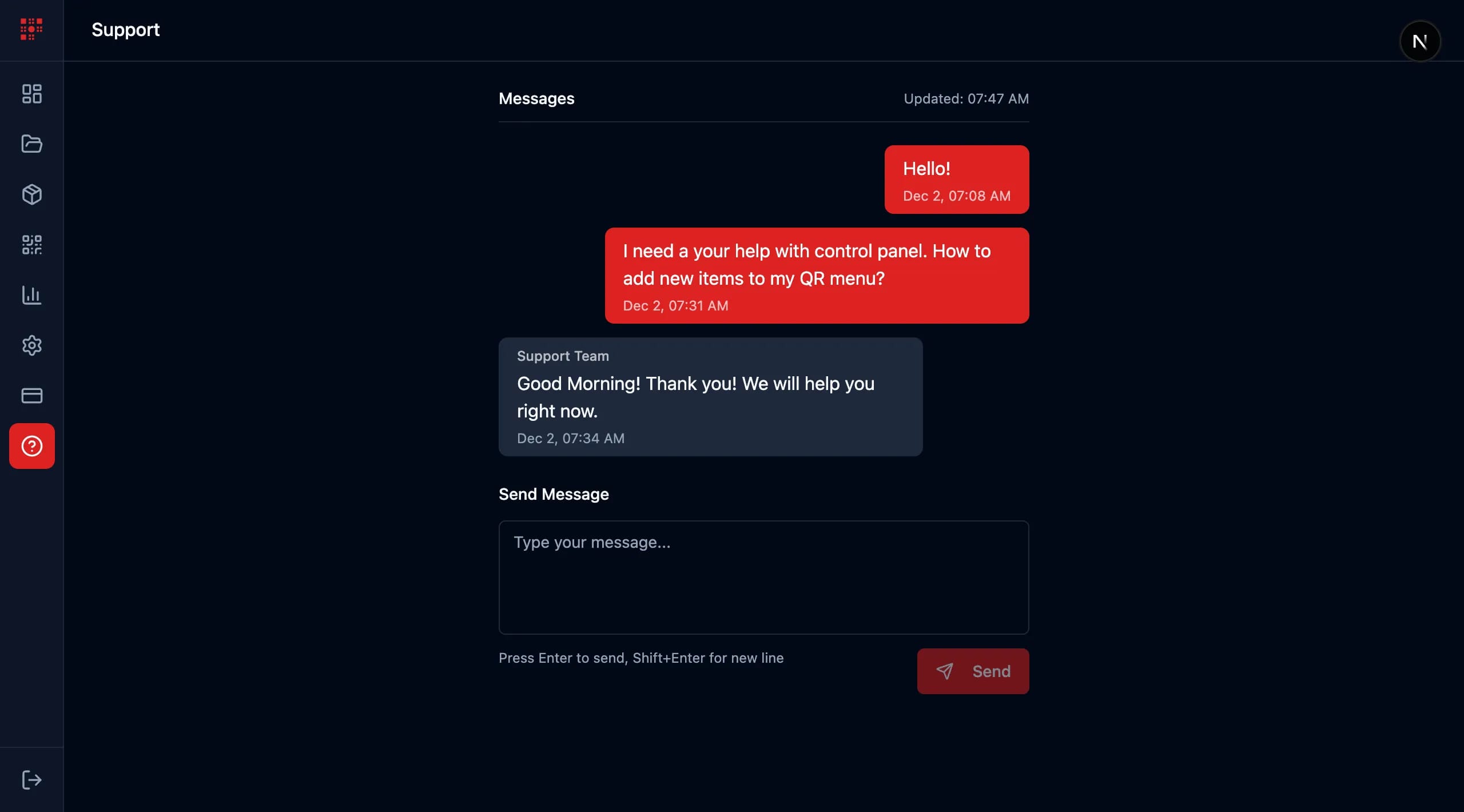 Support chat interface for restaurant QR menu