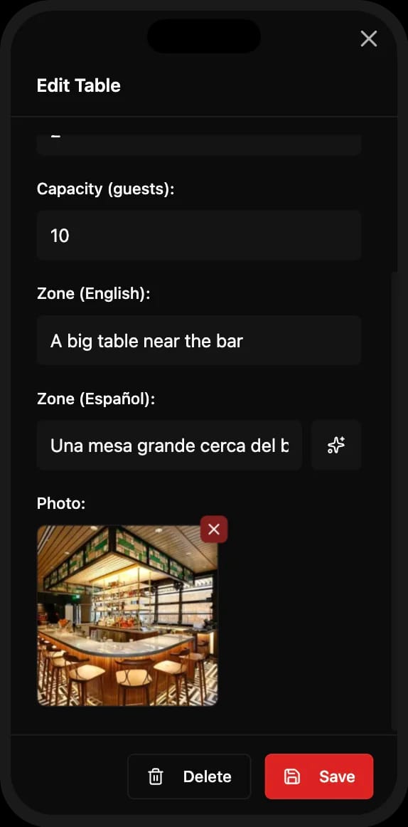 AI translation for restaurant table descriptions
