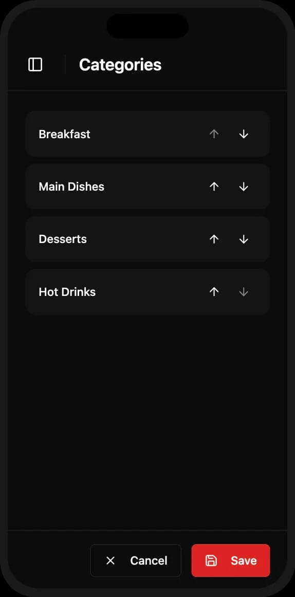 Restaurant menu category management dashboard