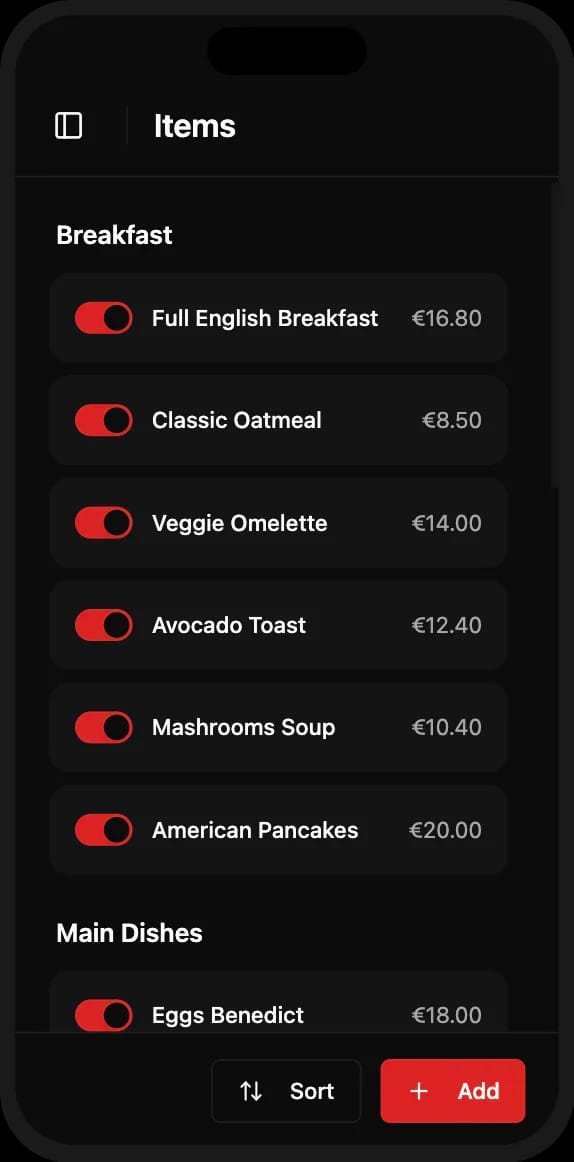 Easy drag-and-drop menu item editor for restaurants