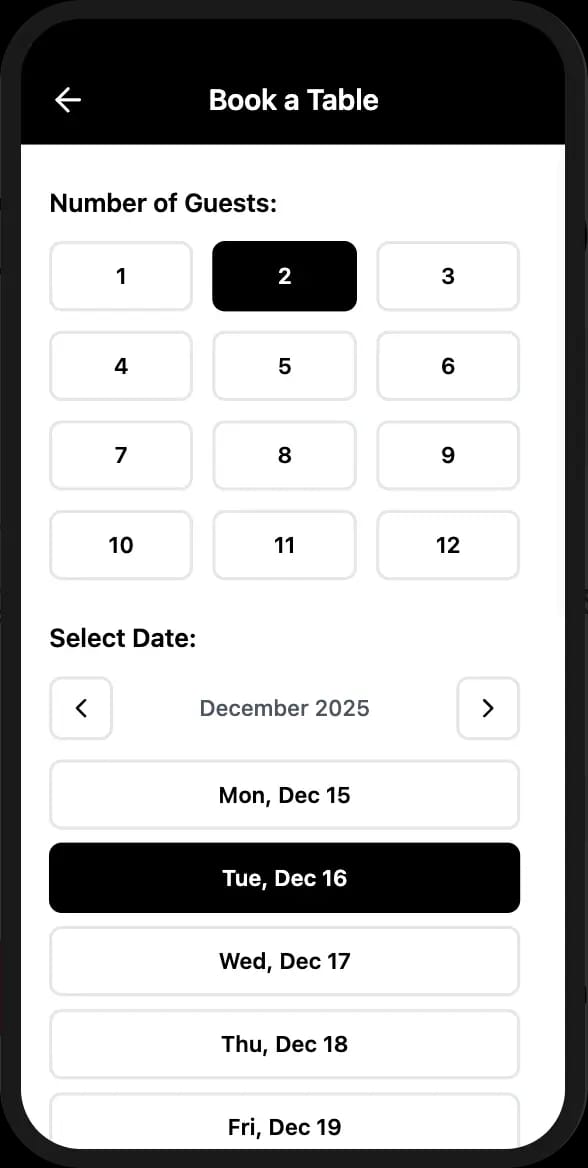 Restaurant table reservation form on mobile QR menu