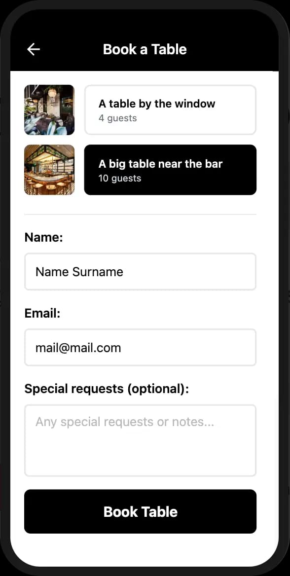 Guest reservation details in restaurant booking system