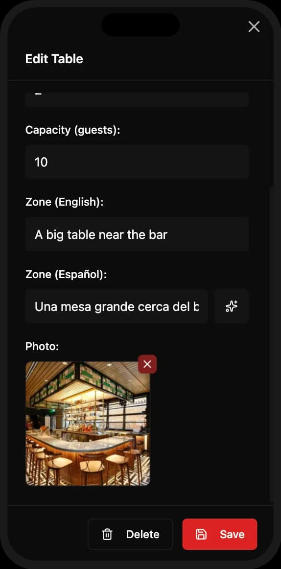 AI translation for restaurant table descriptions