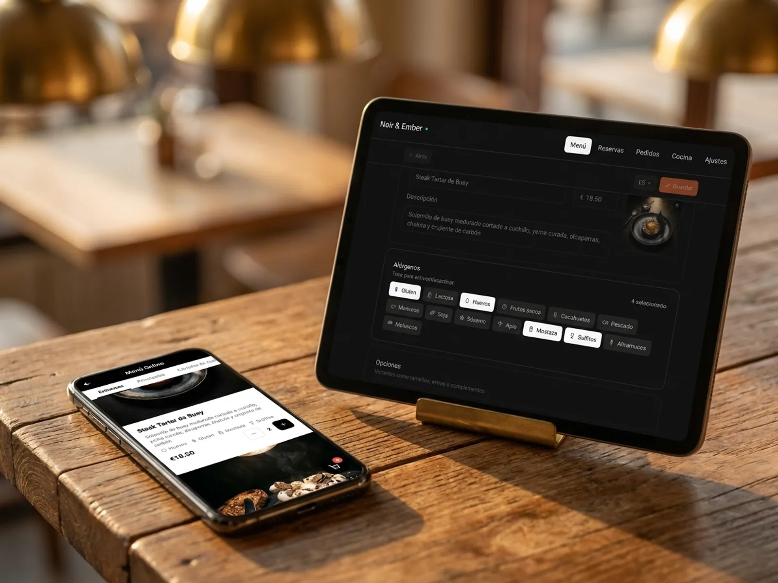 Gæst filtrerer menuen efter allergener på telefonen, mens ejeren redigerer allergenlisten på en tablet