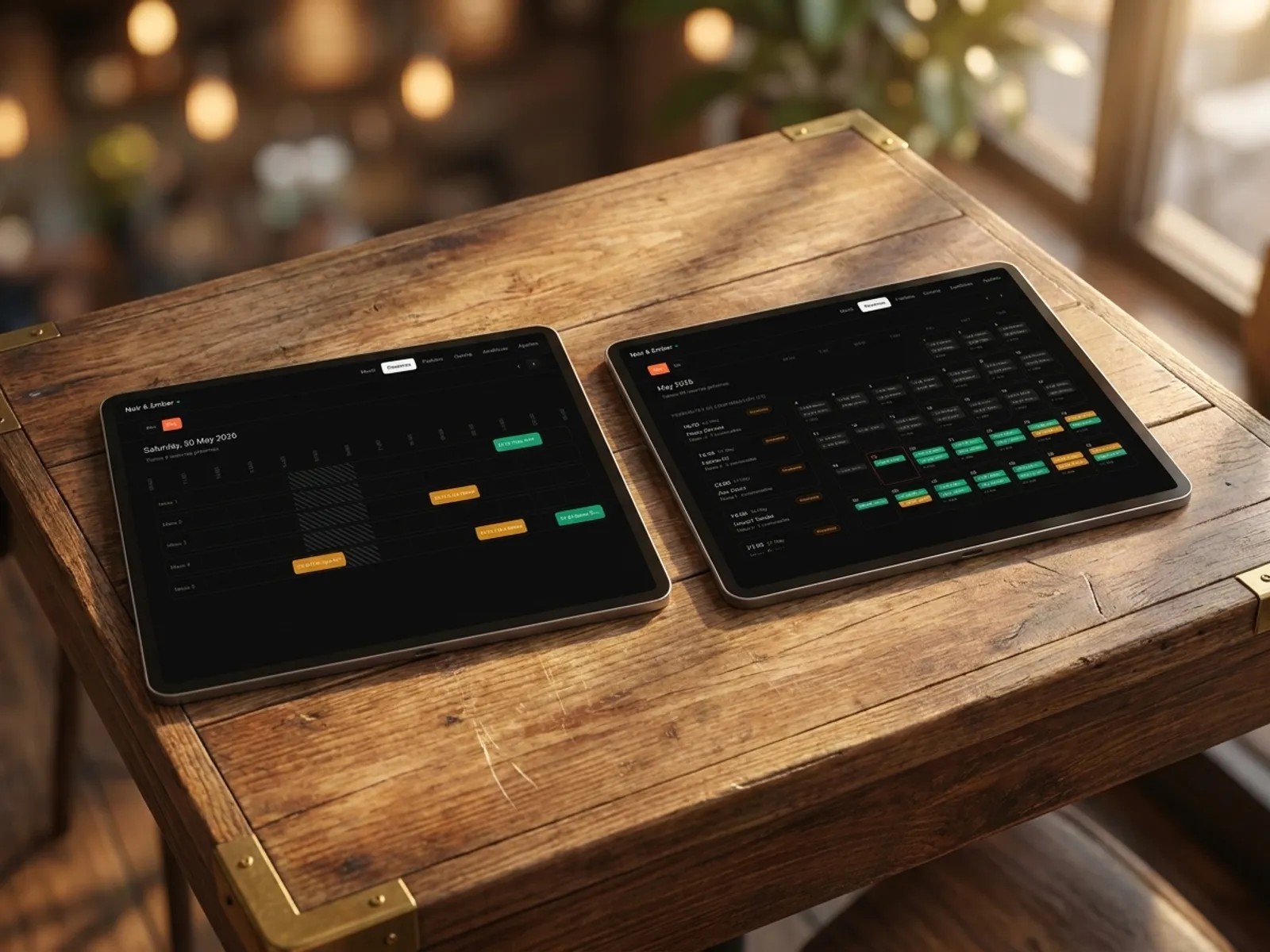 Reservationskalender i IQ Rest's administrationspanel på to tablets: daglig Gantt pr. borde og månedsvisning
