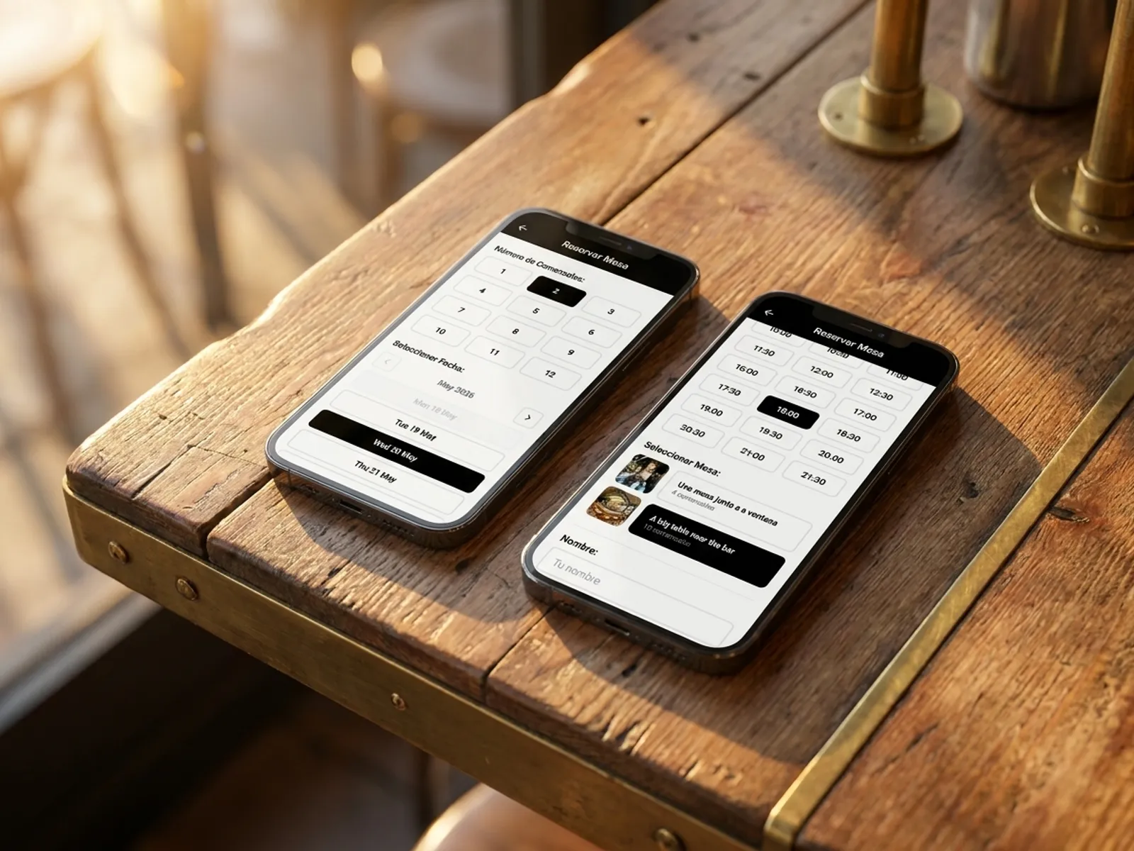 Gæst reserverer et restaurantbord fra en telefon: dato, tidspunkt, antal personer og bordvælger