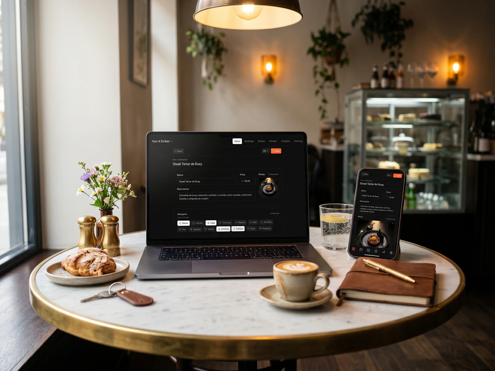 Laptop and phone on a cafe table editing the same dish on the dashboard