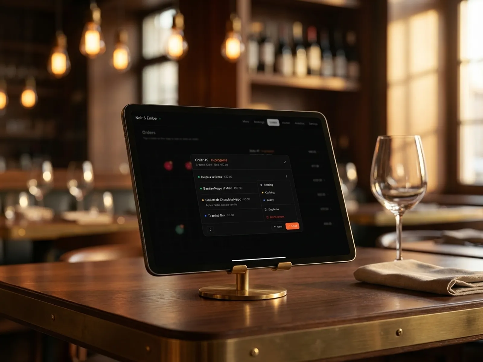 Tablette avec la carte détail de la commande : statuts des articles, actions dupliquer et supprimer