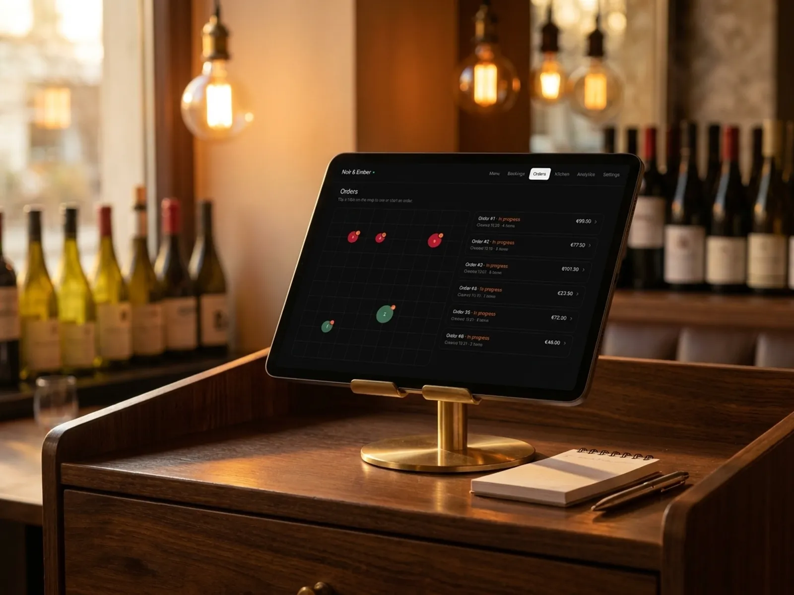 Tablette à la station serveur : liste des commandes et plan de salle avec tables codées par couleur