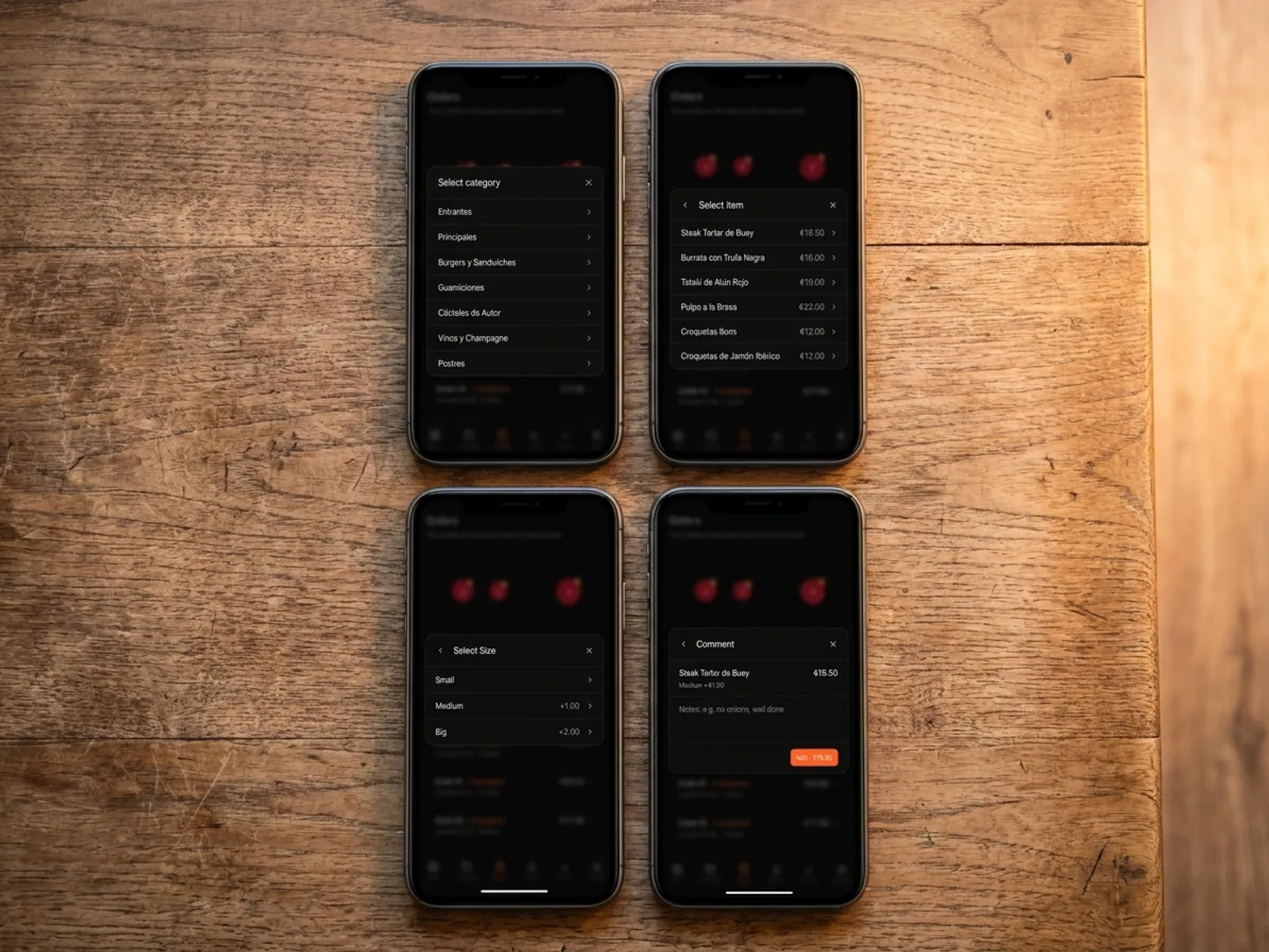 Quatre téléphones avec les étapes pour ajouter un article à la commande : catégorie, plat, taille, commentaire