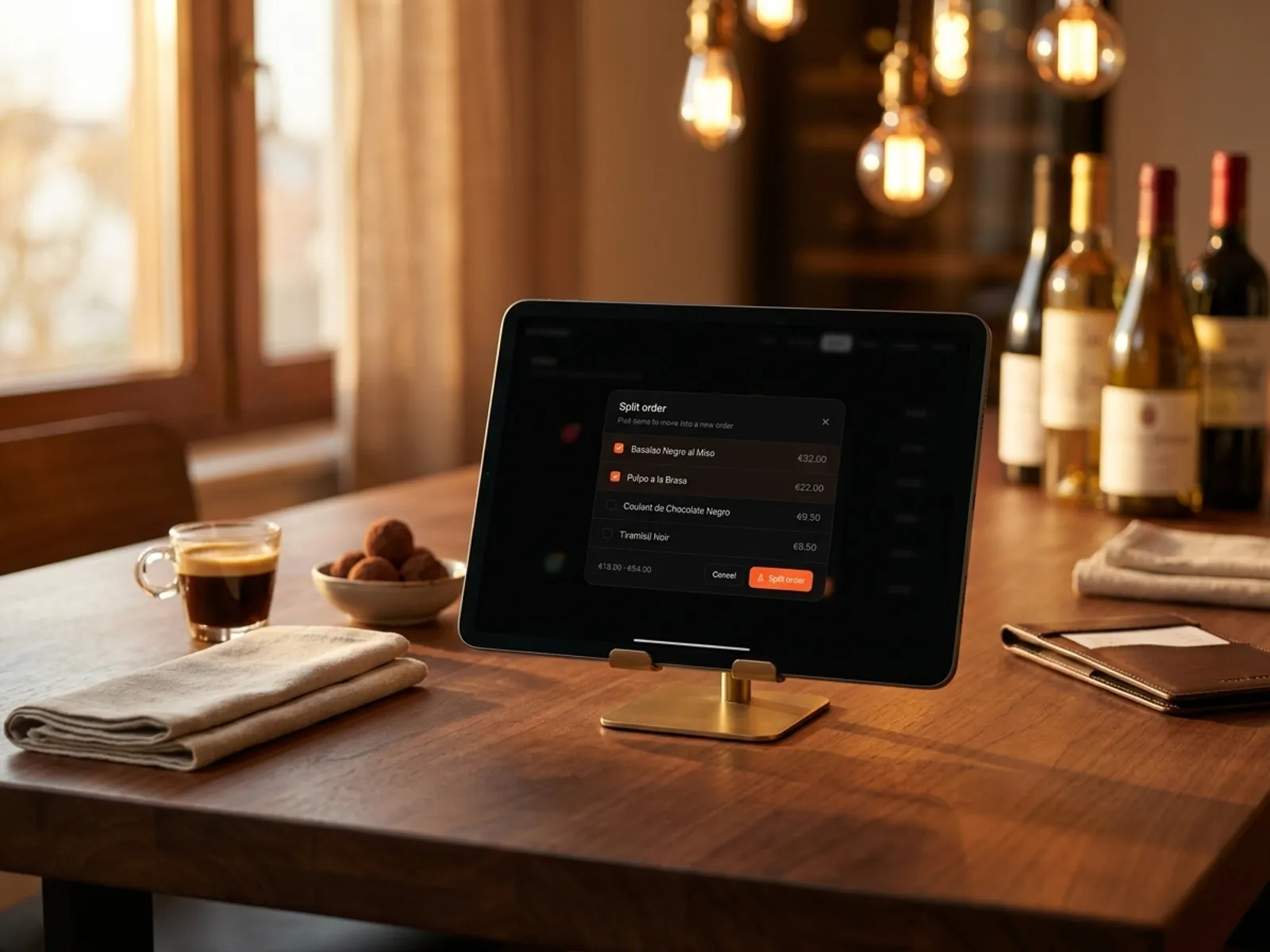 Tablette sur une table de restaurant : modal de partage d'addition entre clients