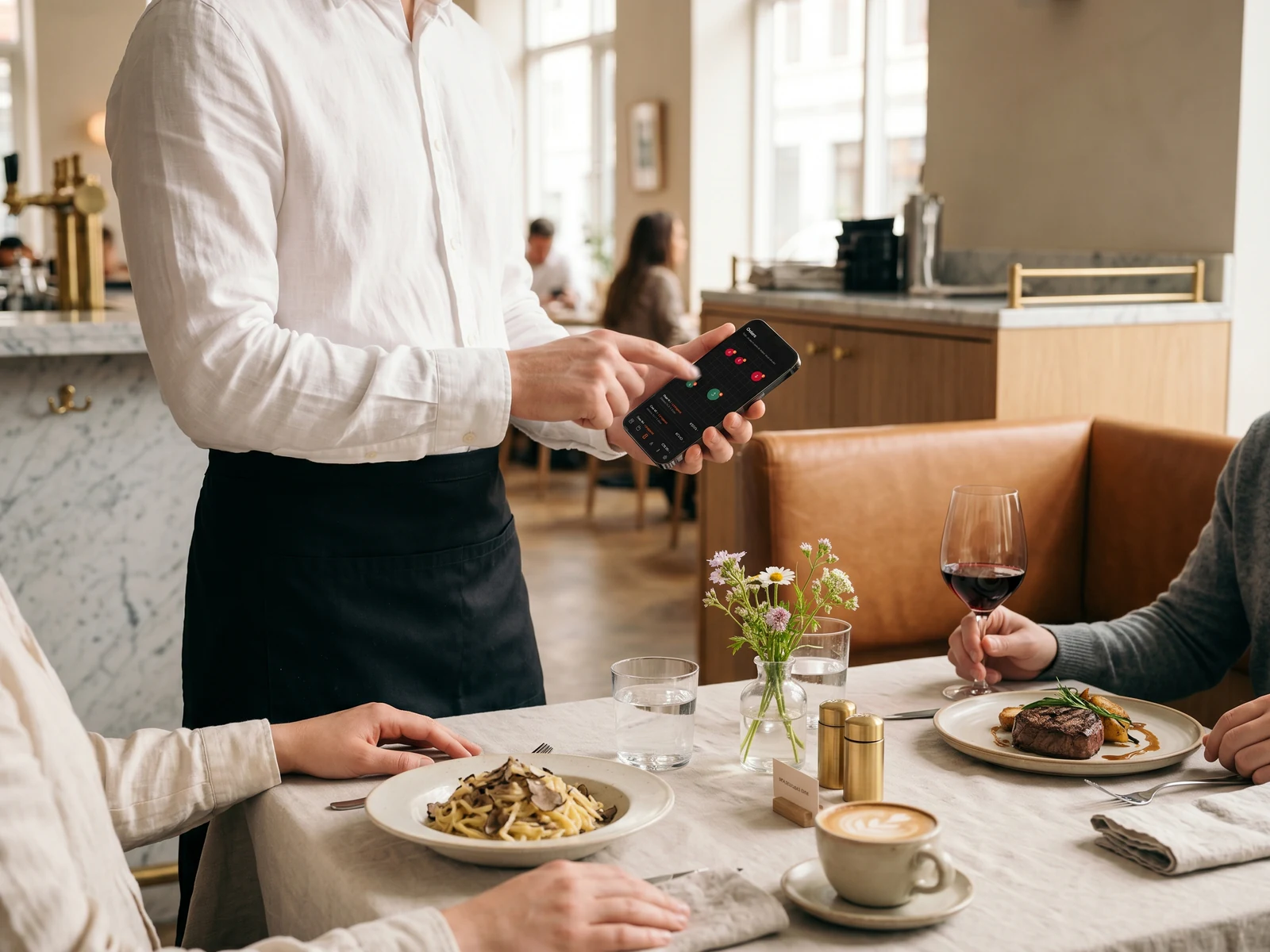 Waiter taking an order at the table from a smartphone running the ordering app