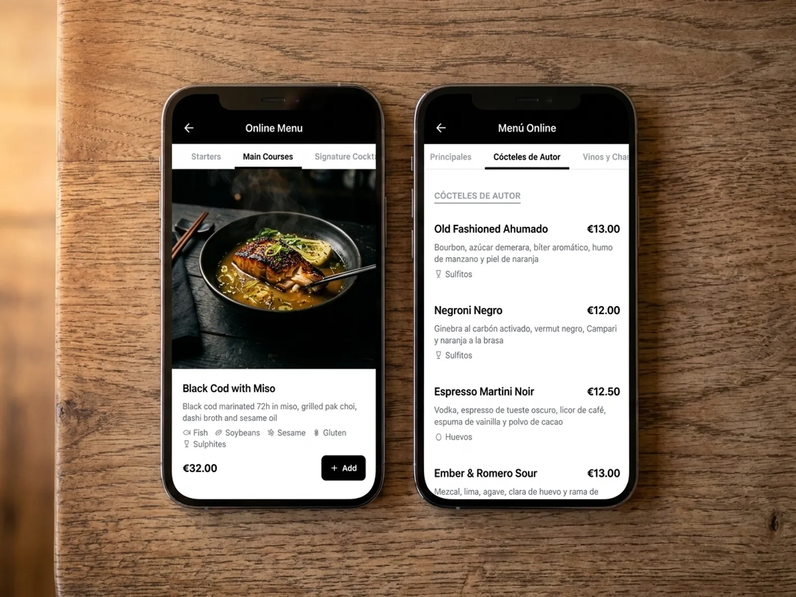 To telefoner på et bord: menu med billeder af retter og menu kun med tekst