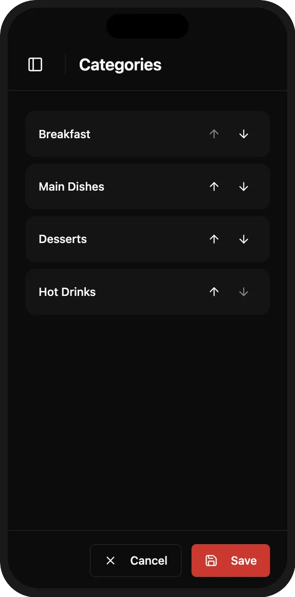 Restaurant menu category management dashboard