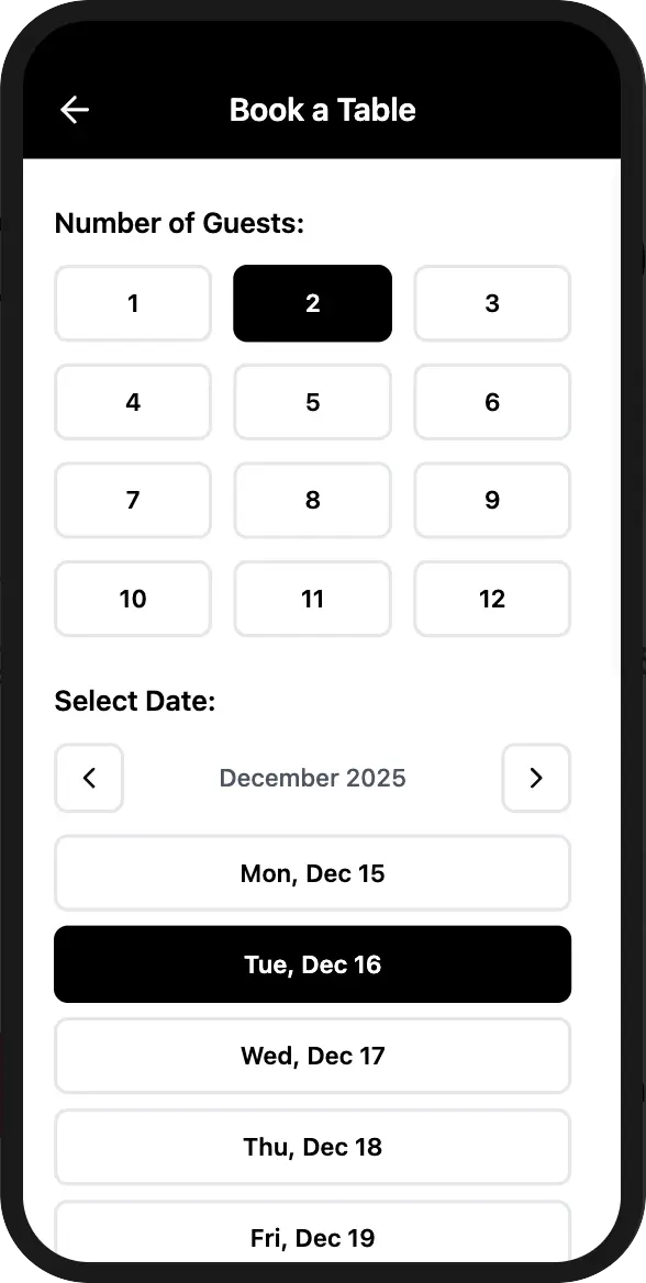 Restaurant table reservation form on mobile QR menu