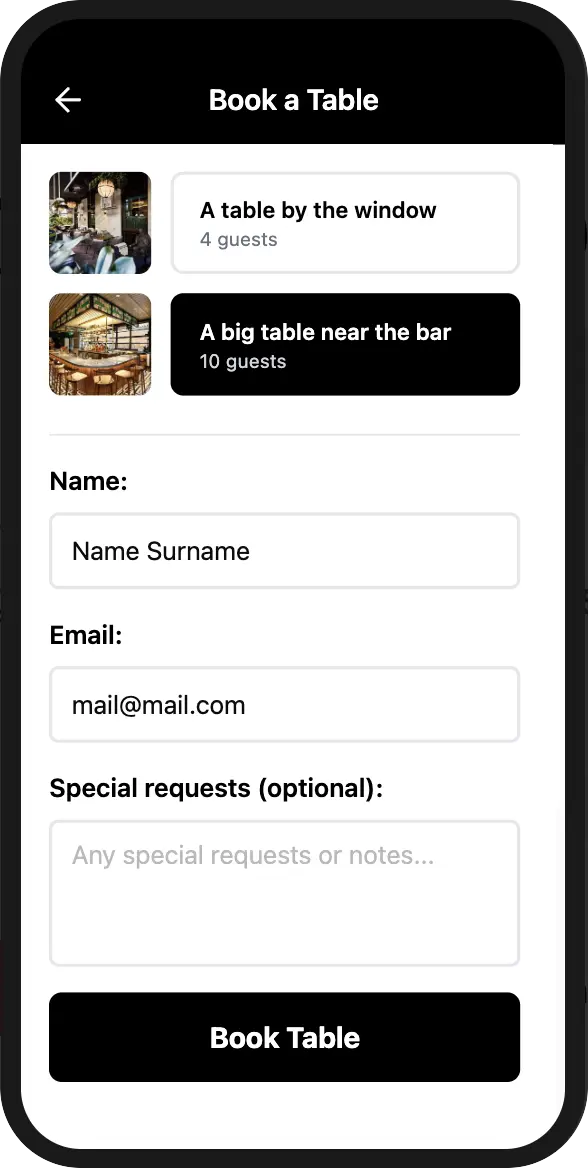 Guest reservation details in restaurant booking system